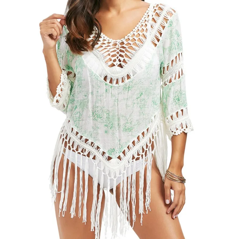 Lady Women's Summer Sexy Cotton Knitting Hook Flower Cutout Deep V Tassel Beach Coverup Sun Protection fringe end cover ups