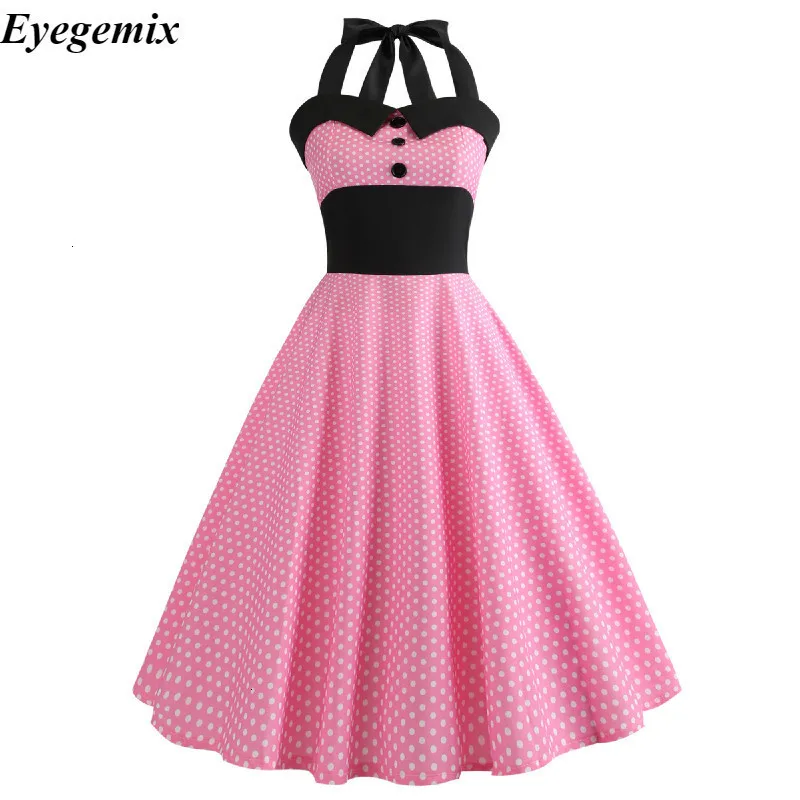 

Sexy Vintage Pink Polka Dot Summer Dress Women 2019 Retro Halter Strapless Party Pin Up Rockabilly Dress Plus Size Robe Femme