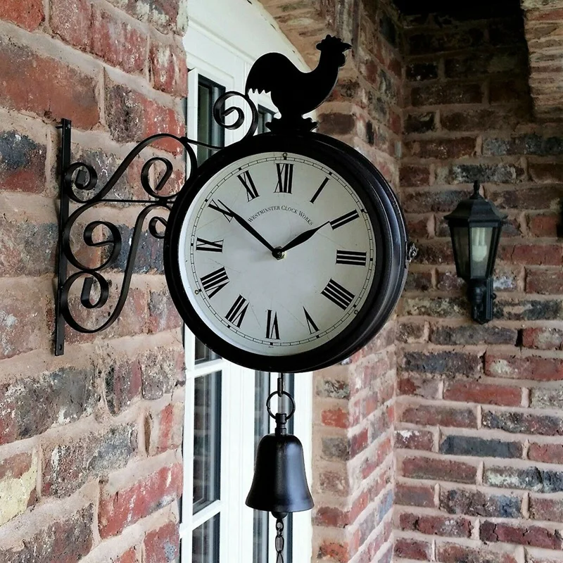 Cena Outdoor Garden Wall Station Clock Double Sided Cockerel Vintage Retro Home Decor