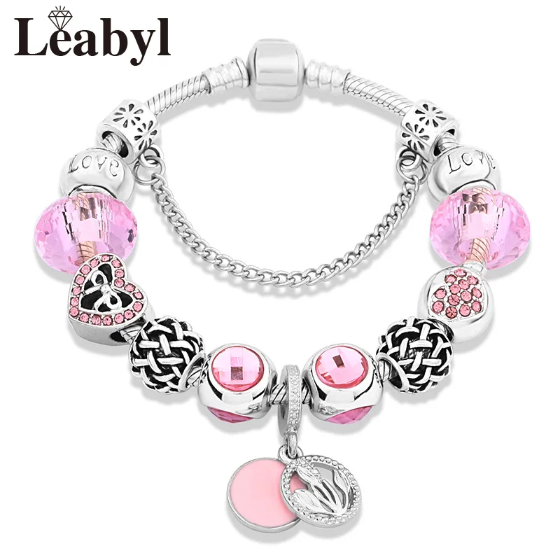 Pink Charm Bracelet Leabyl Прямая поставка, ярко-розовая Подвеска со стразами в виде цветка, браслет для женщин и девушек, подарок, романтическое растение, розовое сердце, браслет из бисера, Femme, Новинка - Окраска металла: Pink Charm Bracelet