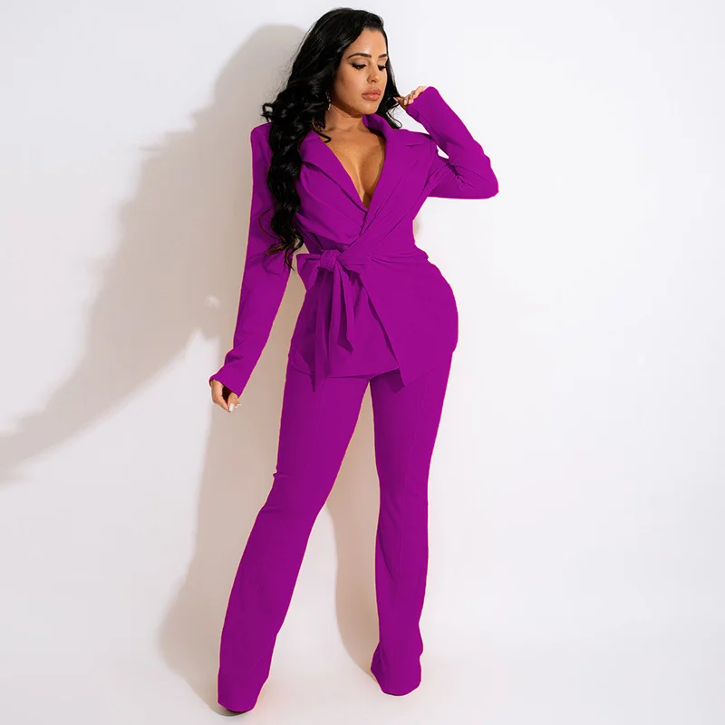 Office Lady Business Workwear Two Piece Sets Women's Formal Suits Notched Collar Full Sleeve Balzer Coat and Bell Bottom Trouser 2023 women summer fashion casual lace up office lady half sleeve v neck wide leg jumpsuits femme solid ol style elegant workwear