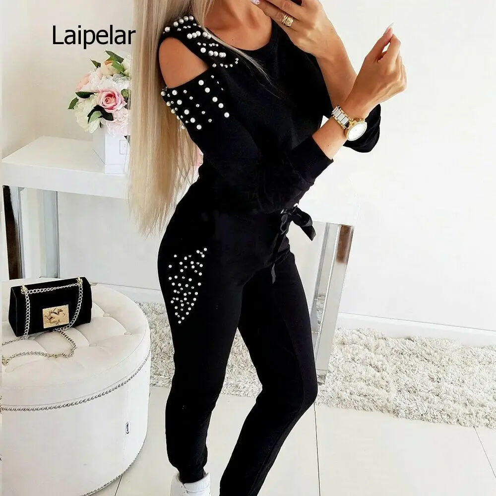 

Women Ladies Tracksuit Cold Shouder Tops High Waist Bandage Fashion Pants 2Pcs Set Lounge Wear Casual Suit