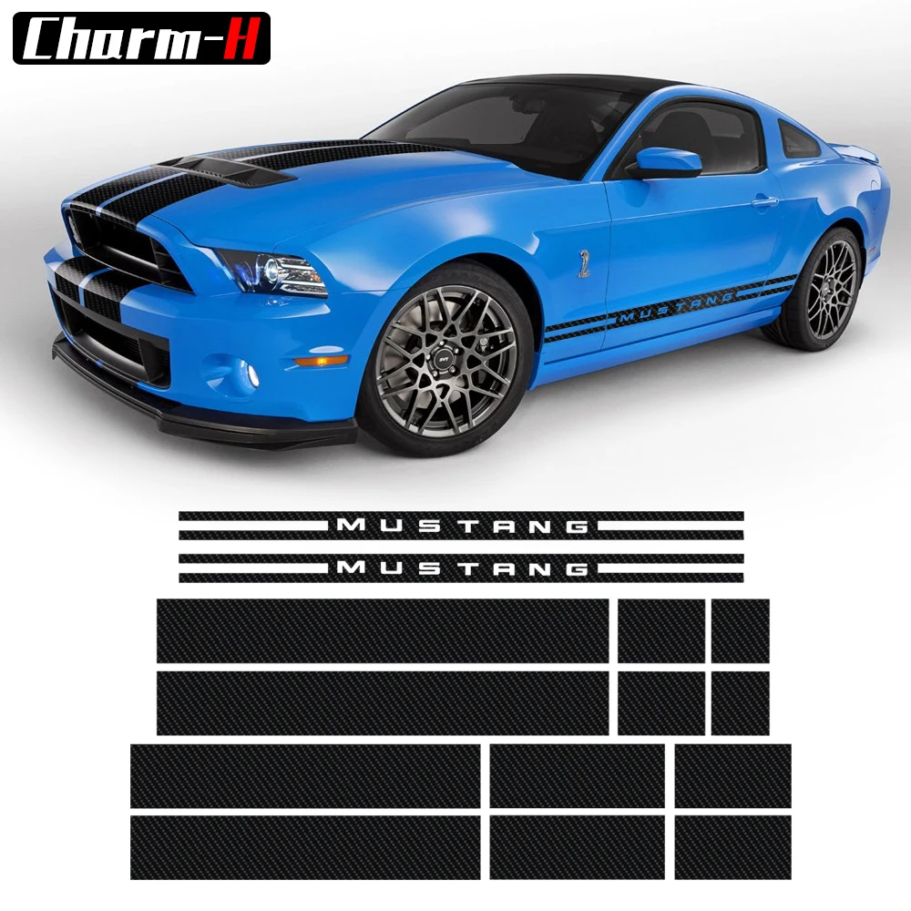 

Car Side Skirt Front to Rear Bonnet Stripes Decor Decals 5D Carbon Fiber Vinyl Stickers for Ford Mustang 2009-2013