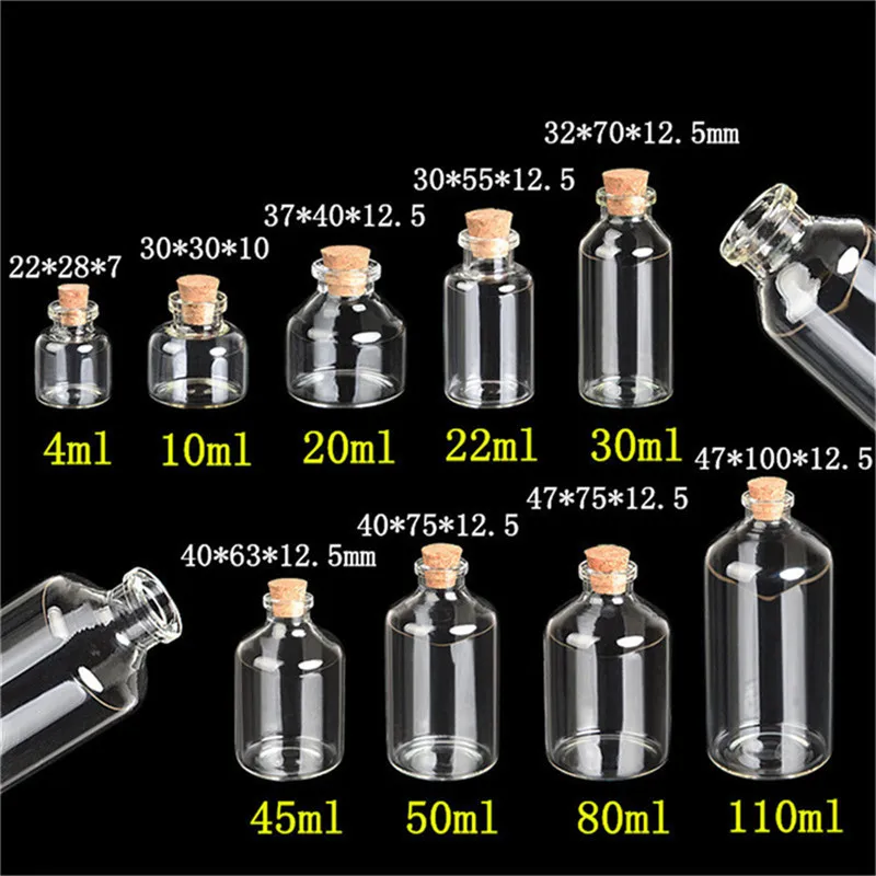 24PC Mini Transparent Glass Cork Bottles Crafts Vials Clear Glass Empty Wishing Bottles 4ml 10ml 100ml Jars Containers Diy Vials 4