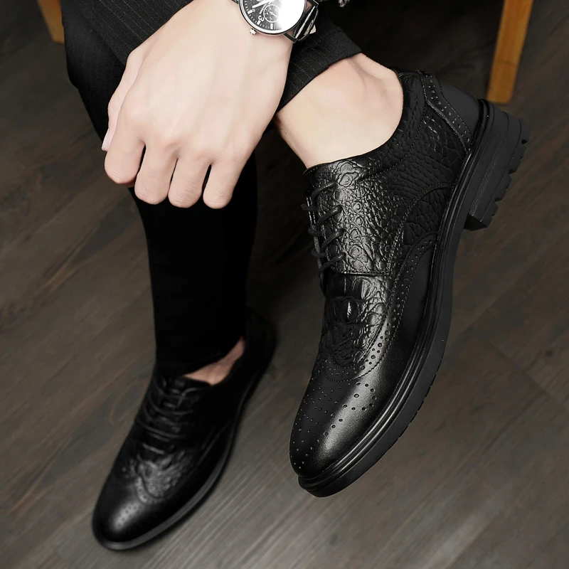 style fashion men's shoes dress genuine leather mlae classic black lace up formal shoe man nice office brogue shoes for men
