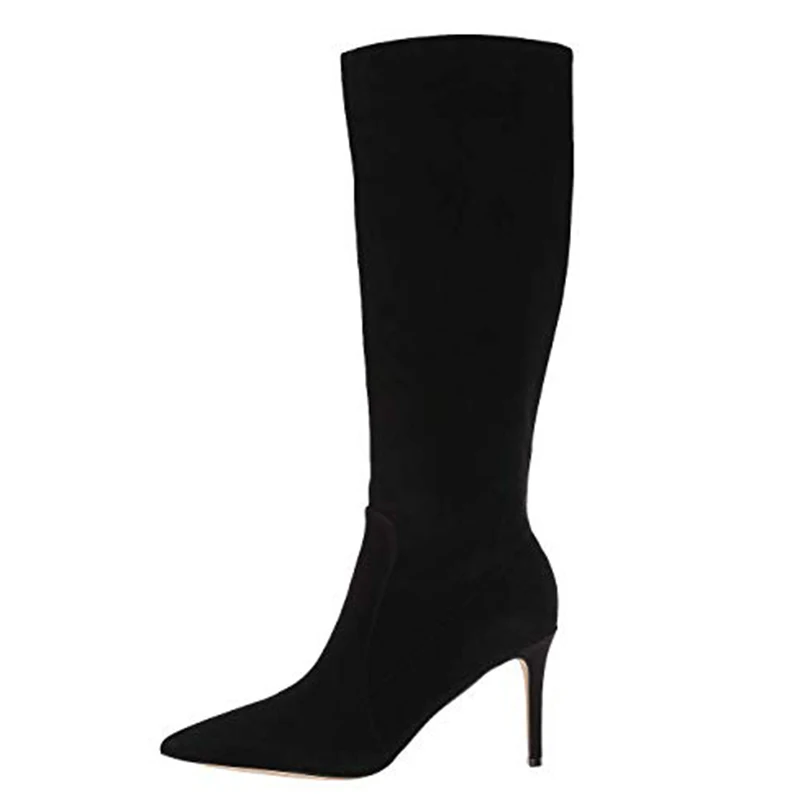 Women Pointed Toe Knee High Boots Stiletto High Heel Long Boot Snake PU Leather Red Black Grey suede Lady Large Size Winter - Цвет: Black