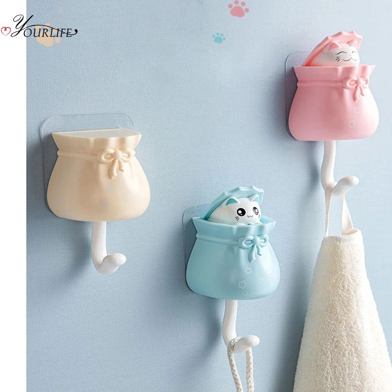 OYOREFD Cute Self Adhesive Wall Hooks Multi-function Strong Coat Bag Key Hanger Hook Household Cartoon Cat Decorative | Дом и сад