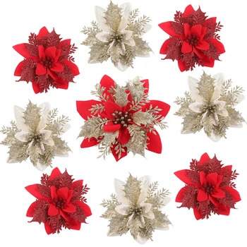 

5pcs Glitter Artificial Christmas Flowers Tree Decoration Merry Christmas Decor for Home Xmas Tree Ornaments 2021 New Year Gift