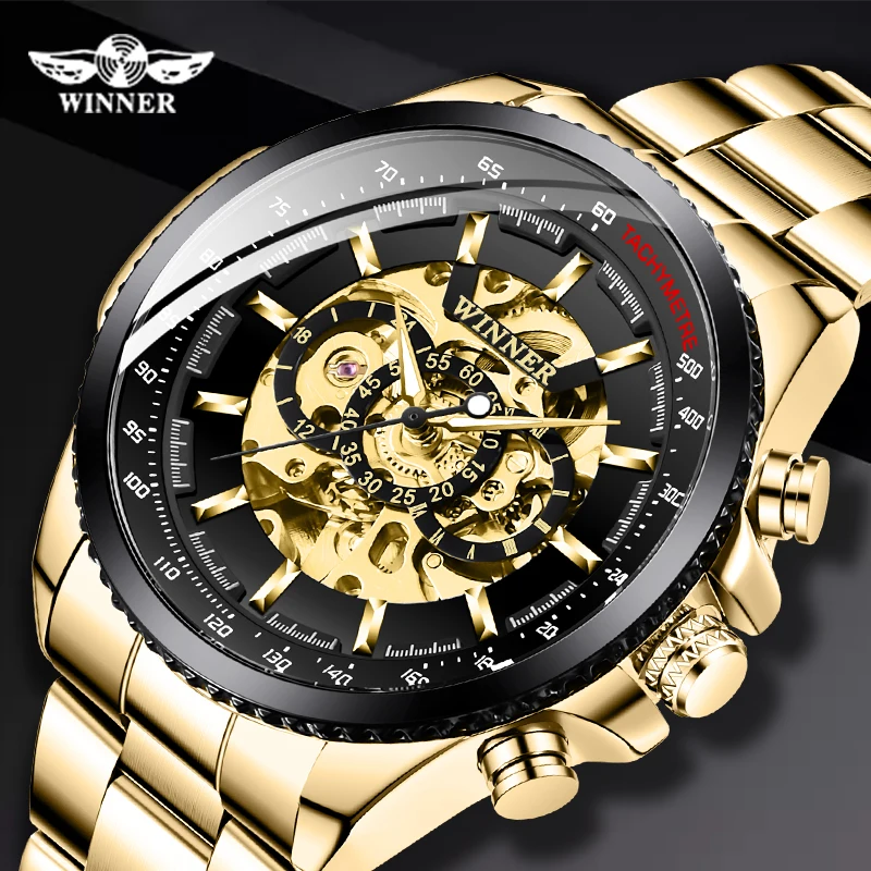 

Skeleton Automatic Mechanical Watch Winner Gold Men Watches Stainless Steel Bracelet Sports Luxury Male Clock Chinese Wristwatch