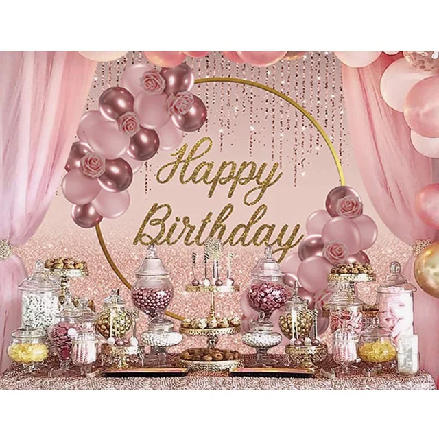 Glitter Happy Birthday Backdrop Pink Shiny Rose Birthday Background for