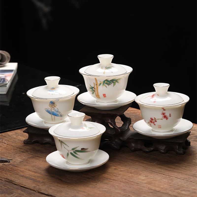 

Mutton Fat Jade Porcelain gaiwan handpainted under glaze lead free ceramic tureen covered bowl cup saucer coaster lid in China