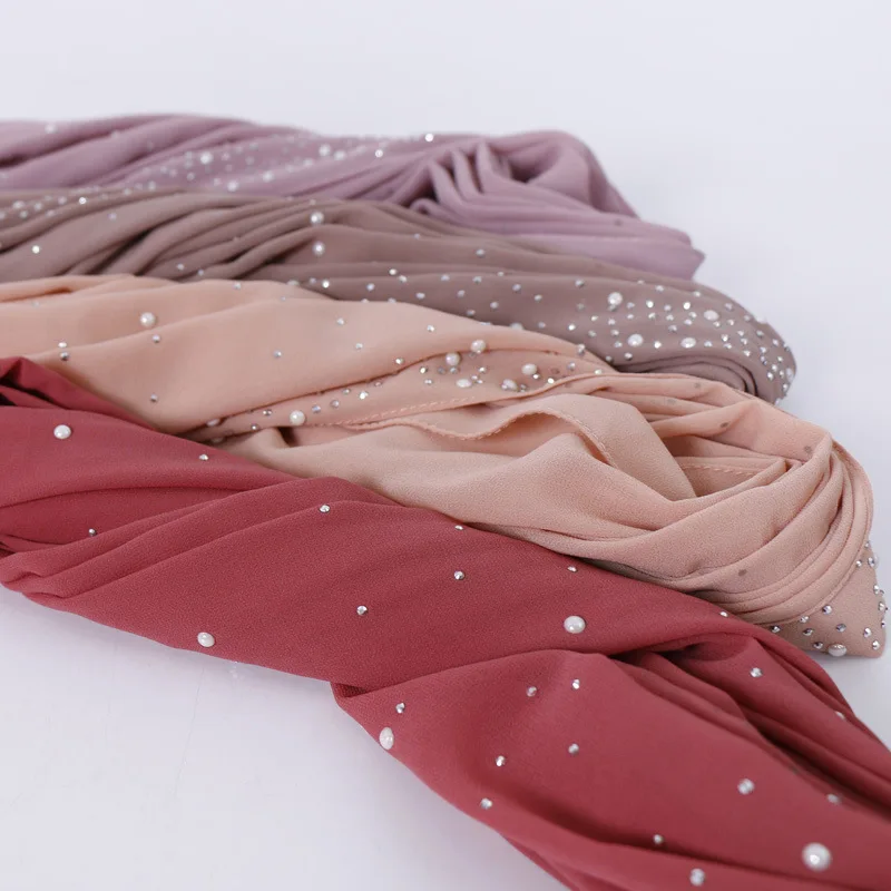 Women Muslim Plain Bubble Pearl Chiffon Scarf Hijab Hot Sale Diamond Rhinestone Shawls Headband Foulard Femme hijabs Scarves New 3