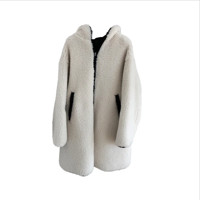 White Пальто из овечьего меха, зимнее, новое, корейское, мягкое, вощеное, толстое, теплое, свободное, дикое, белое, длинное, женское,, Хит, монохромное, один размер, распродажа - Цвет: White