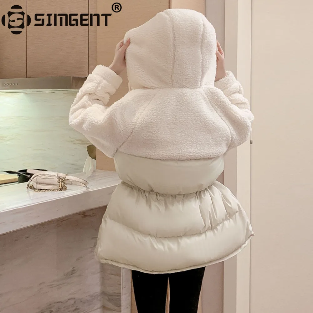 Simgent, Женская парка, зимняя куртка из овечьей шерсти, Лоскутная, Регулируемая Талия, стеганое пальто, для женщин, с капюшоном, большие размеры, Capuchon Femme, SG910192