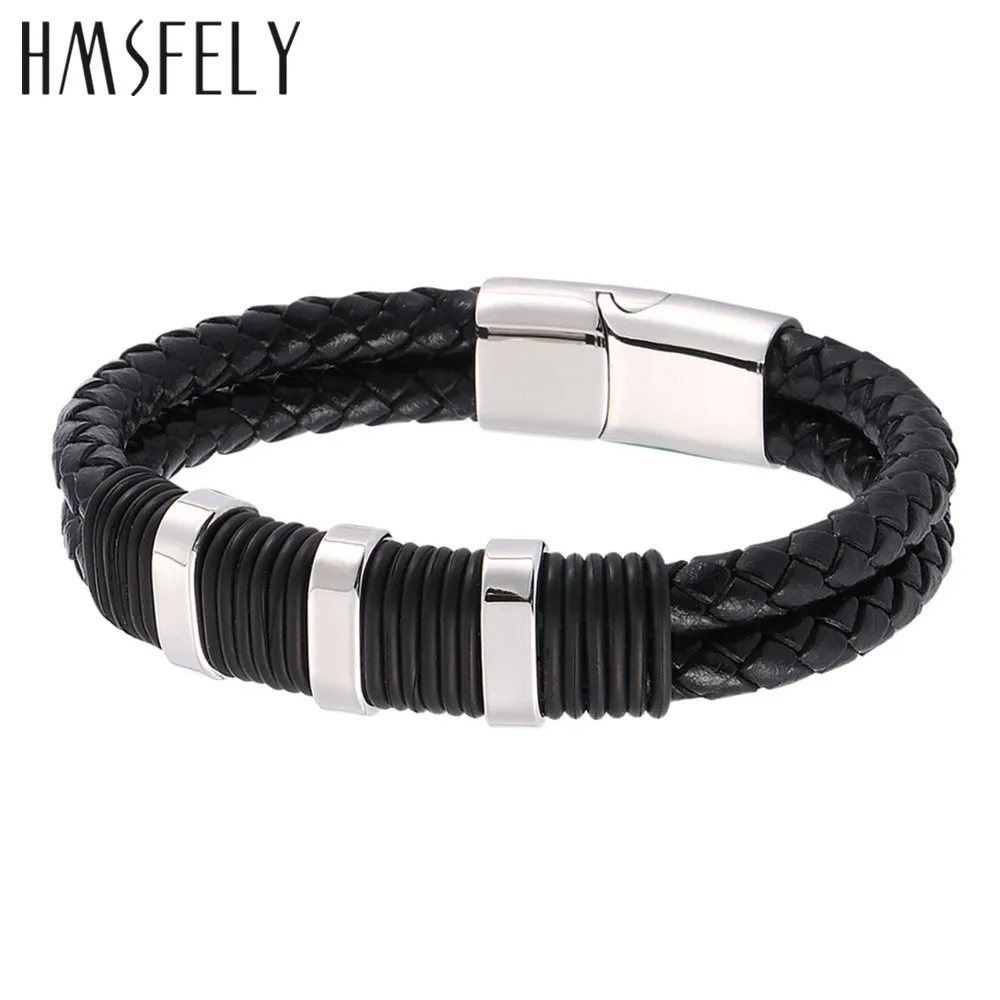 

HMSFELY Men's Simple Style Genuine Leather Bracelet 316l Stainless Steel Beads Cuff Bracelets Bangles For Men Magnetic Bracelet