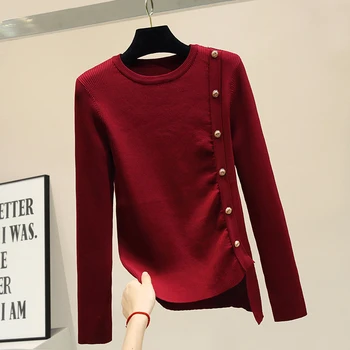 

Long sleeve knitted basic sweater women Buttons decoration Pullover modis elegant black tops 2019 autumn new arrival