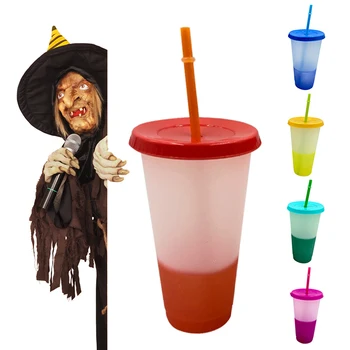 

2020 New Halloween 700ml Reusable Color Changing Cold Cups Plastic Tumbler With Lid Blood Vampire Party Cup Haunted House Drink