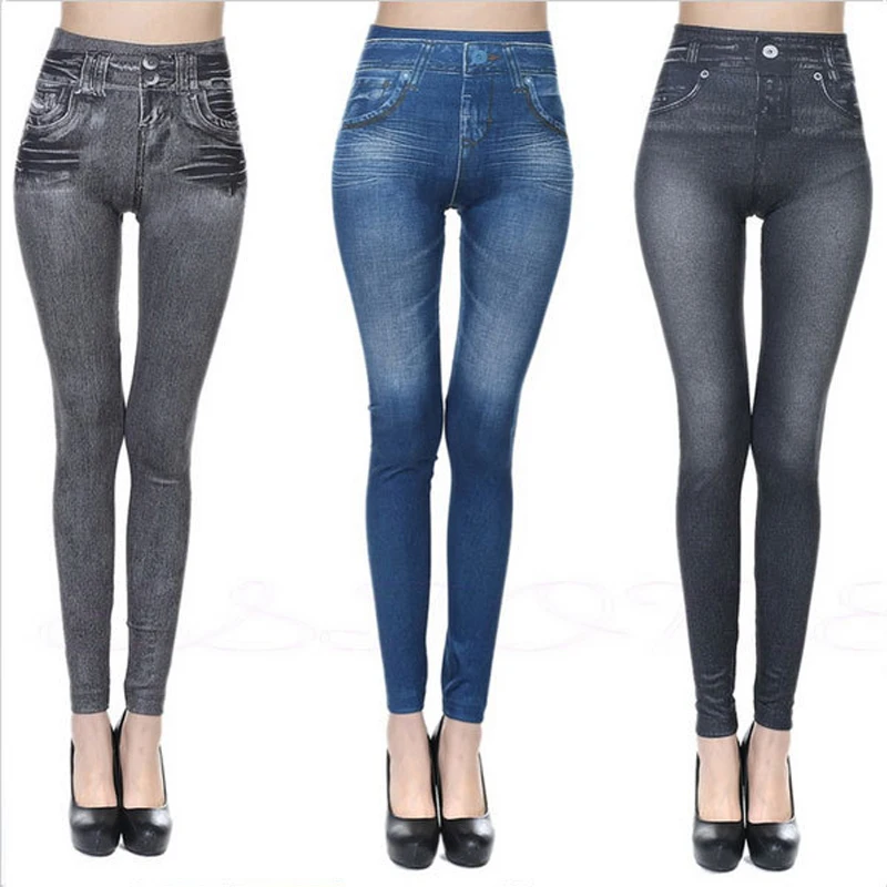 4XL 5XL de talla grande Jeggings para Leotardos de Jean para mujer Bolsillo falso impreso lápiz de talle alto pantalones de verano delgada negro azul gris