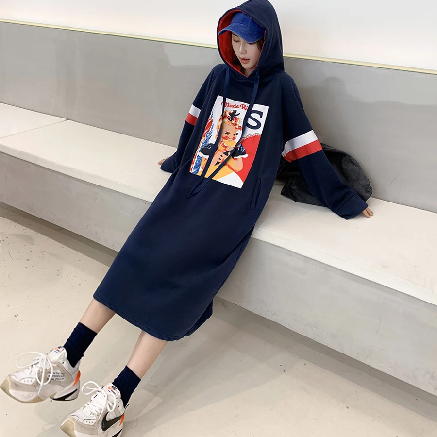 Осенние женские с капюшоном модные платья-свитера с длинными рукавами негабаритный Повседневный свободный с принтом пуловер с капюшоном платье для женщин