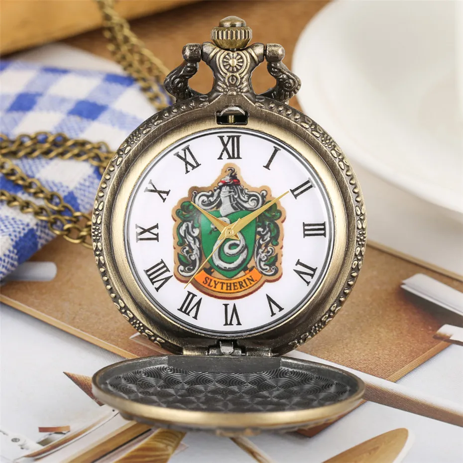 Slytherin Theme Популярные кварцевые карманные часы Ravenclaw/Slytherin/Gryffindor/Hufflepuff тема бронзовое ожерелье часы винтажные часы - Цвет: Slytherin Theme