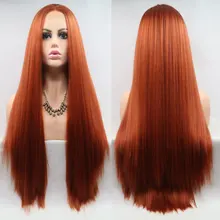 26 дюймов длинные прямые яки медь красный синтетический парик фронта шнурка высокая температура волокна волос для моды женщин средний пробор парики