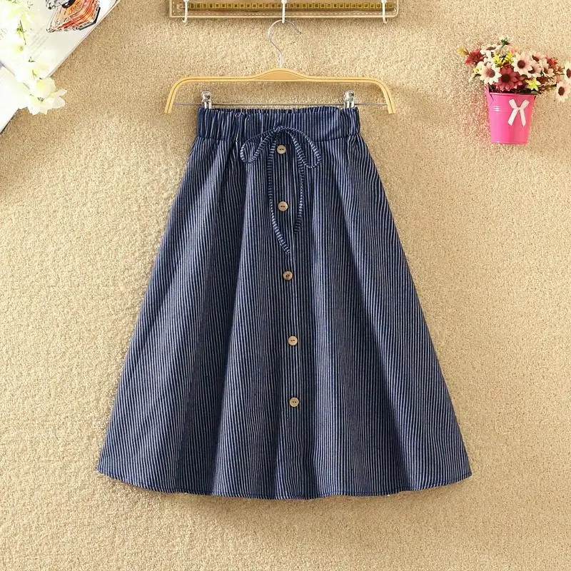 

Yfashion Women Pleated Skirt Denim Stripe Single-breasted Bowknot Ribbon Elastic Summer A-line Skirt