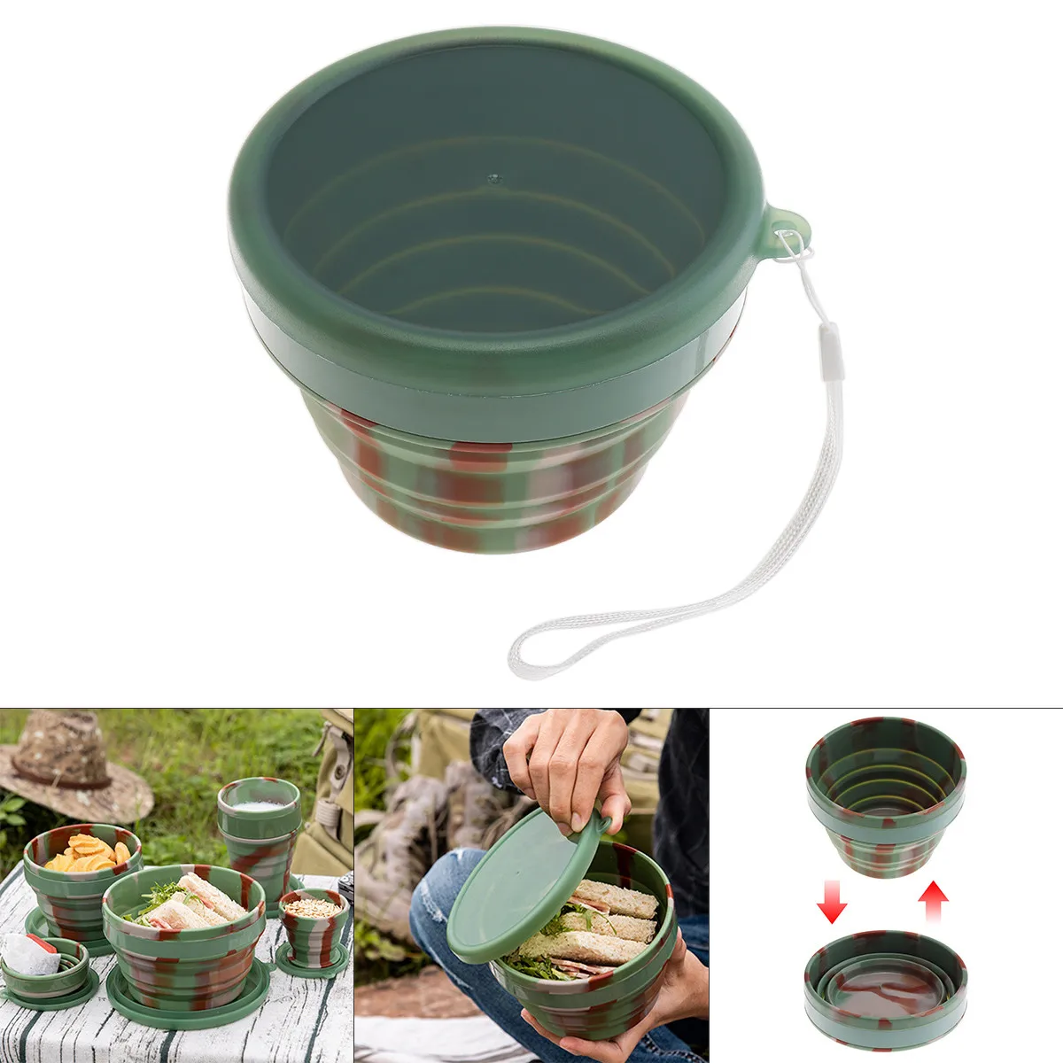 

550ML 950ML Camouflage Portable Lunch Box Circular Silicone Folding Lunchbox Bento Box for - 40 Centigrade ~ 230 Centigrade