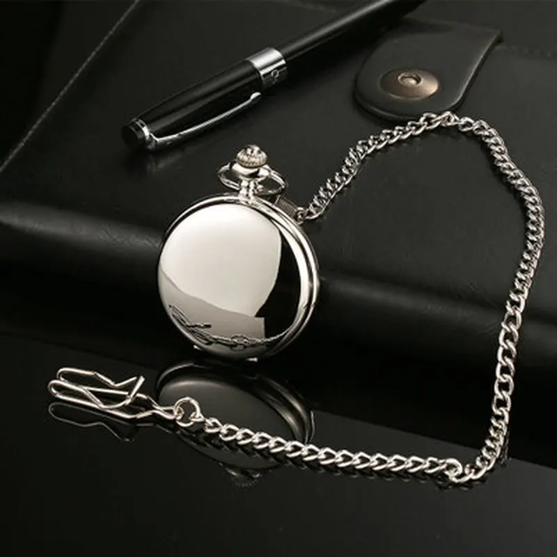 Ретро гладкие мужские черные карманные часы с серебряной полировкой кварцевые карманные часы с подвеской с цепочкой горячая Распродажа карманные часы с брелоком
