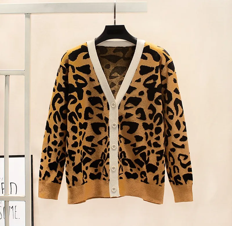 GIGOGOU, толстый Леопардовый женский кардиган, свитер с v-образным вырезом, вязаный однобортный вязаный кардиган, верхняя одежда, жаккардовый зимний жакет, пальто