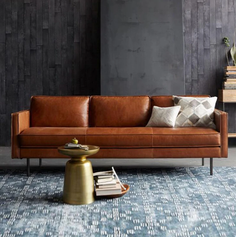 

leather sofa small family living room first floor leather simple industrial style combination Nordic leather sofa