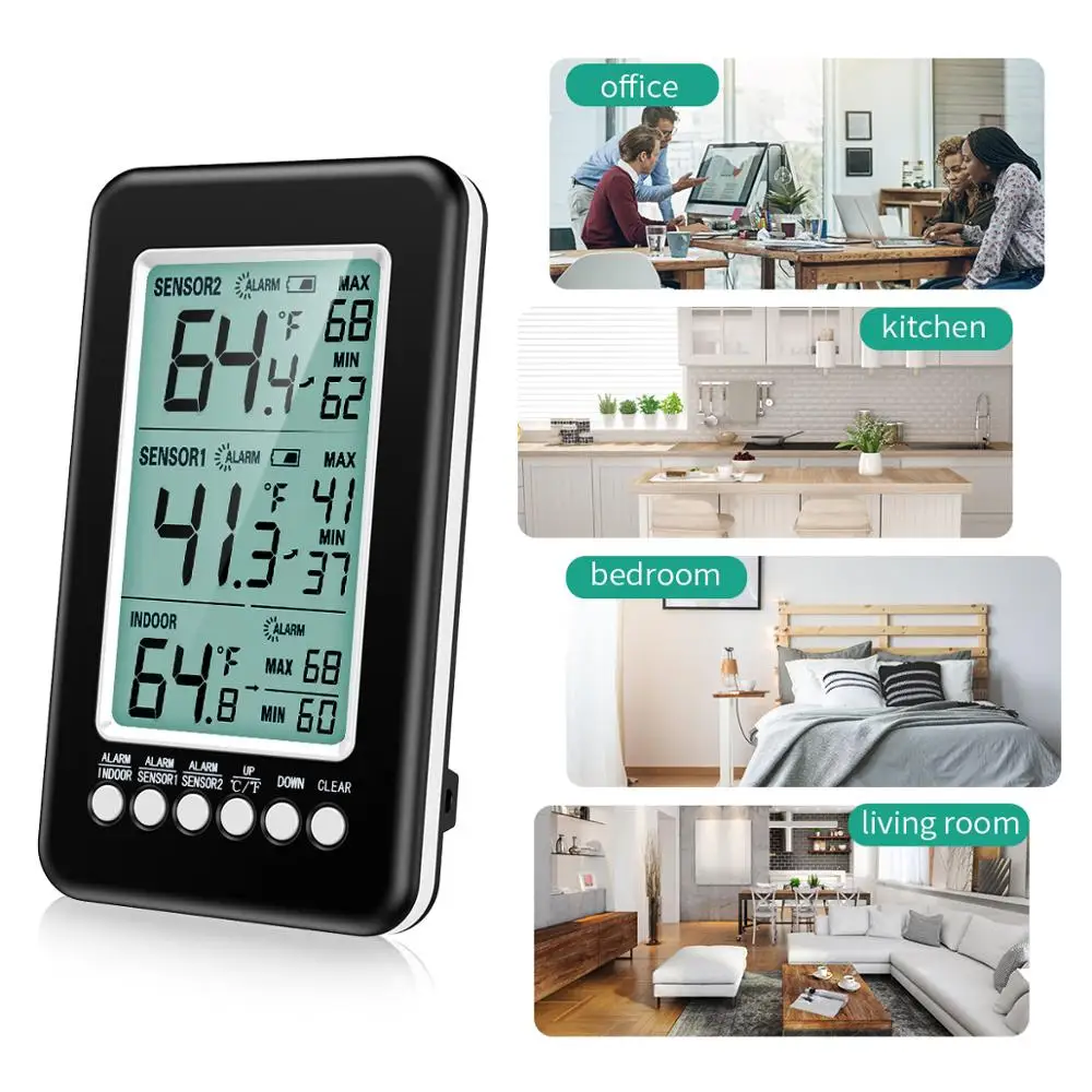 ORIA Refrigerator Thermometer 2 Wireless Sensors Indoor Outdoor Thermometer Digital Freezer Thermometer Audible Alarm 6