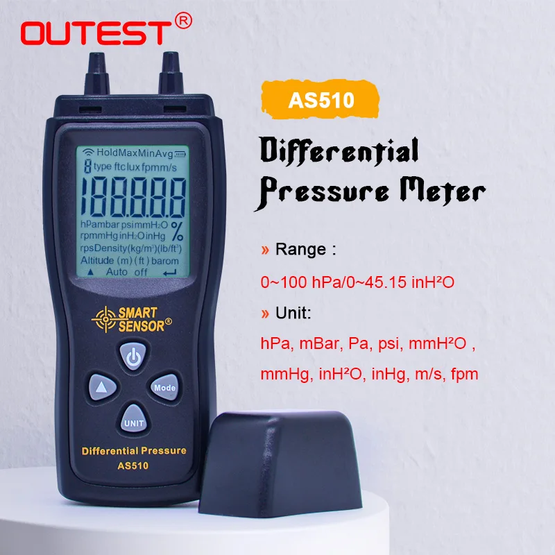 

OUTEST LCD Air Manometer Pressure Gauge Pressure Differential Meter AS510 Digital Negative Vacuum Pressure Gauge Meter 0~100hPa