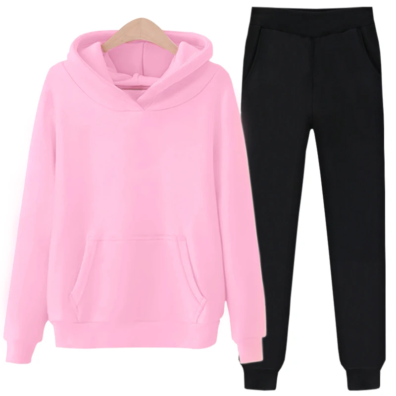 Осенне-зимние женские комплекты, повседневные, большие размеры, одноцветные, теплые пуловеры, толстовки, свитшоты, штаны, комплект из двух предметов, женские наряды, костюмы - Цвет: Розовый