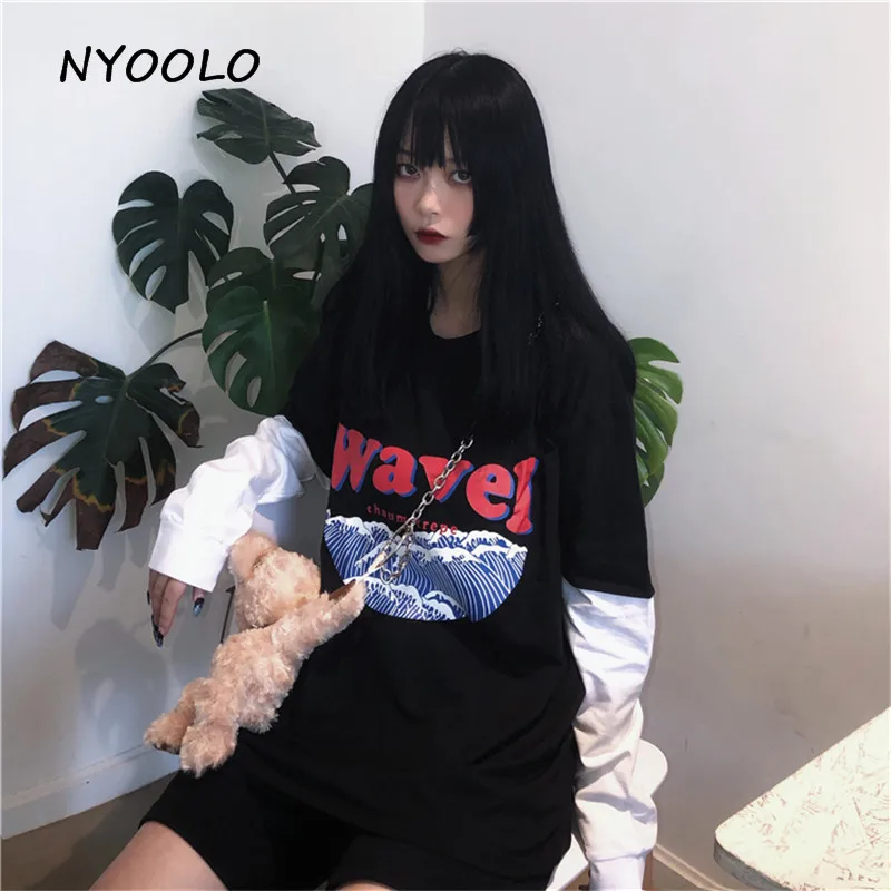 NYOOLO Harajuku стиль с волнистым буквенным принтом поддельные 2 шт. Лоскутная футболка осень уличная одежда с длинным рукавом Футболка для женщин и мужчин Топ