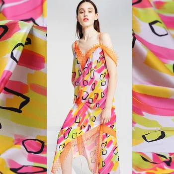 

19 Spring New 108cm wide 93%silk 7%Spandex Stain Charmeuse Fabric Doodling Digital Print Cloth DIY Sewing Free Shipping SALE