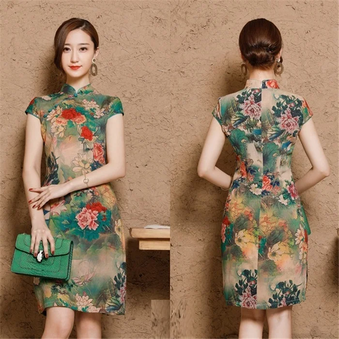 Китайские платья Ципао Cheongsam из хлопка и льна Mujer Vestidos размера плюс для женщин короткие 3XL 4XL 5XL летние Новое поступление