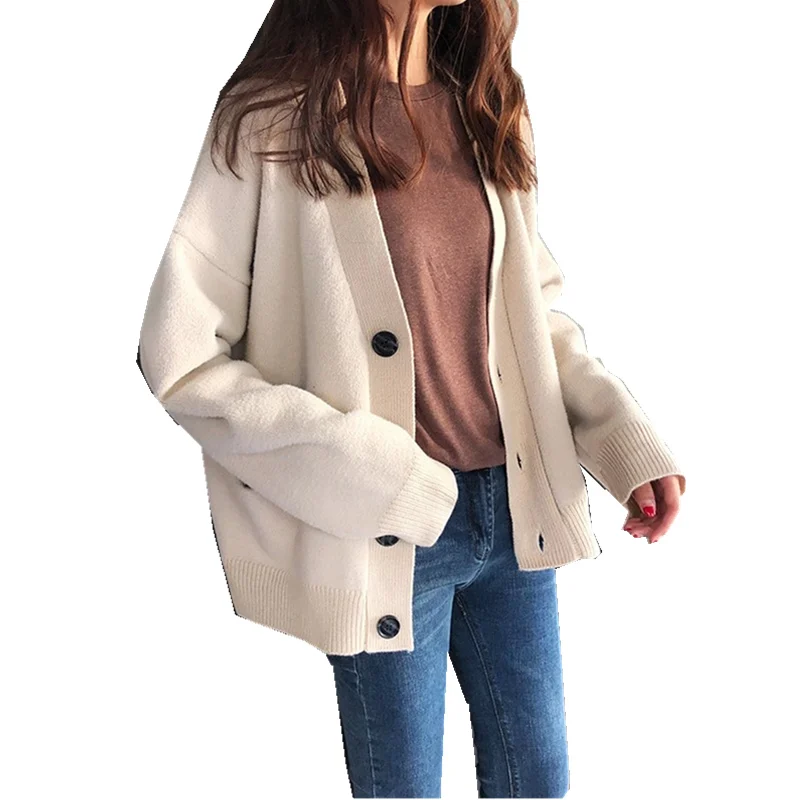 

Women Cardigan Sweater Jacket V Neck Vintage 2020 New Knit Ladies Black Knitted Solid Color Harajuku Casual Loose Tops Fashion