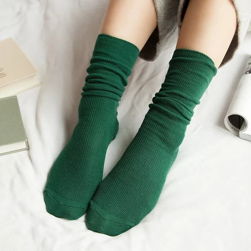 CHAOZHU  Japanese Korea High School Girls High Socks Loose Solid Colors Double Needles Knitting Cotton Long Socks Women