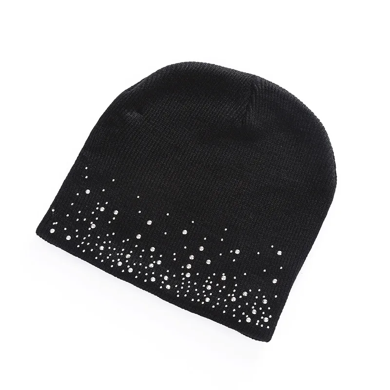 Winter autumn beanie hats women soft knitting skullies beanies hat female fashion rhinestone cotton hat cap - Цвет: B