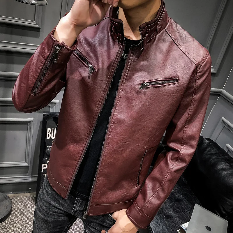 19 стиль мужской красивый ретро Молодежный плюс бархат Slim Fit Стенд воротник молния контроль доступа кожаная куртка