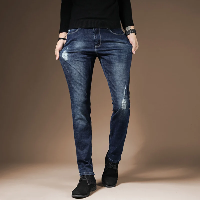 DEE MOONLY Новое поступление высококачественные мужские синие джинсы Рваные повседневные рваные джинсы мужские обтягивающие мужские джинсы джинсовые брюки Размер 36 - Цвет: Синий