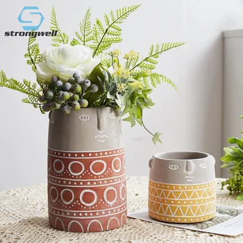 

Strongwell Nordic Cement Abstract Face Flower Pot Coffee Shop Green Plant Ornaments Cartoon Flowerpots Home Decoration Vase Gift
