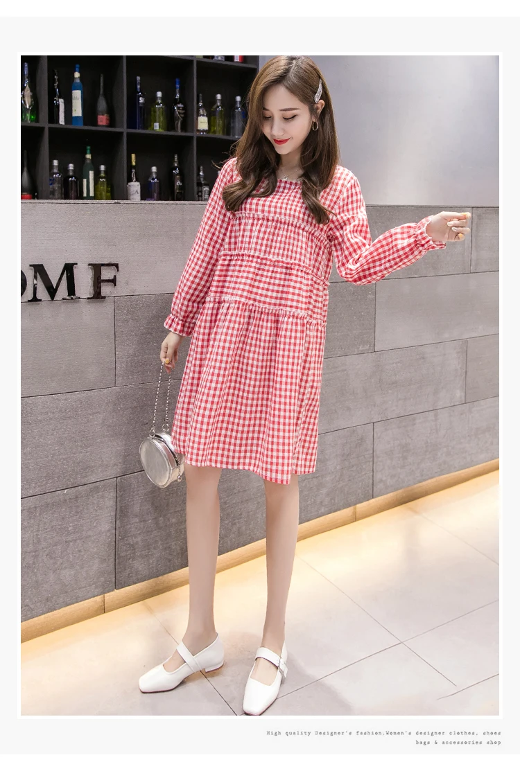 Red Plaid Maternity Dresses Vintage Loose Pregnancy Dress Casual Korean Pregnant Dress New Spring Autumn Clothes for Pregnant