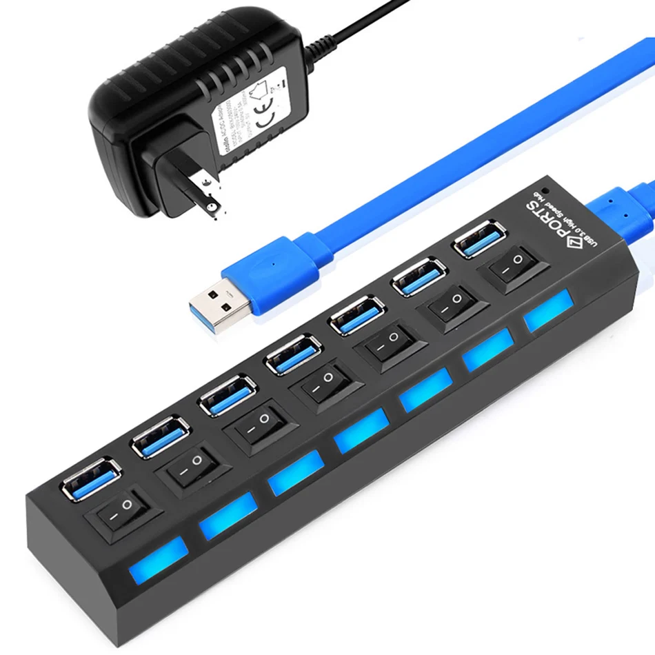 Hub USB 2.0 à 7 Ports Avec Interrupteurs Individuels ON/OFF - Design Compact - Pour Bureau, Maison, Connexion Multiple
