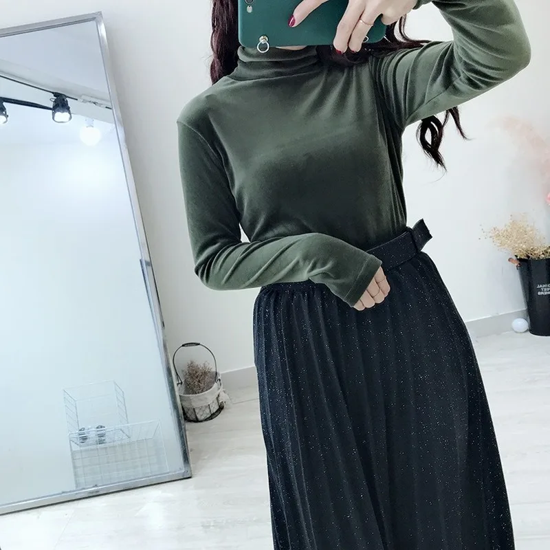 Velvet футболка женская high elasticity одежда для женщин high collar футболка thick solid color футболки long sleeve женские футболки hood inside the футболки женские