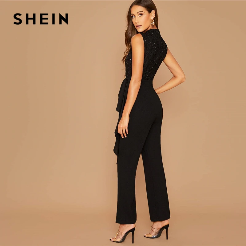 Goedkoop SHEIN Black Sequin Detail Lace Lijfje Ruffle Trim Jumpsuit Vrouwen Herfst Mouwloze O hals Hoge Taille Wijde Pijpen Elegante Jumpsuits