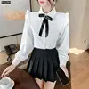 2021 Spring Women Long Sleeve Office Lady Work Business Formal Basic White Shirts Single Breasted Button Bow Tie Tops And Blouse 3