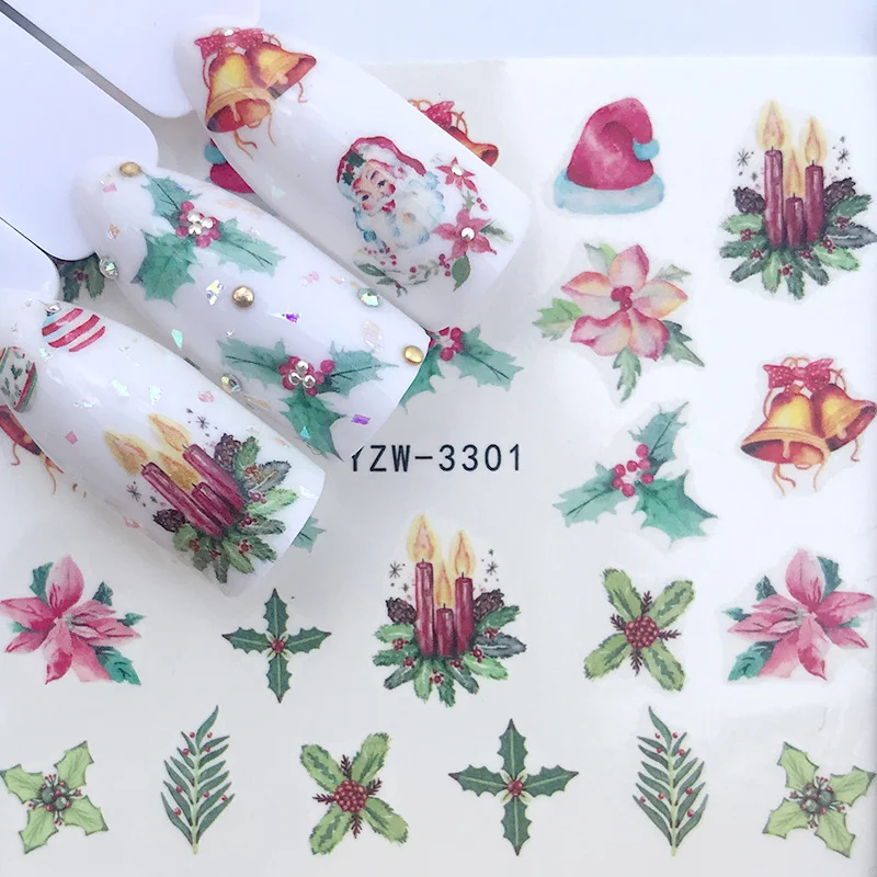 1 шт переводные наклейки для ногтей с водным переводом, наклейки для ногтей, снежинка, лось, Санта, маникюр, дизайн ногтей, рождественские наклейки, подарок на год - Цвет: YZW-3301