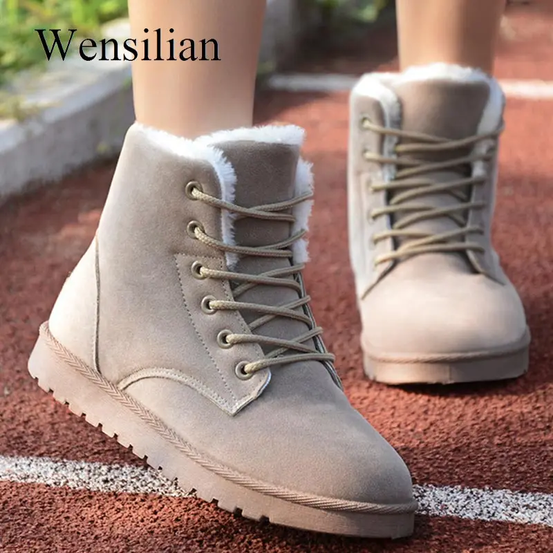 

Classic Snow Boots Winter Ankle Boots Women Warm Fur Insole Sueded Platform Botines Lace-up Black Botas Mujer Plus Size 43