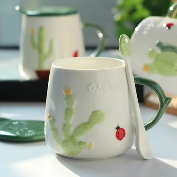 

470ML Funny Cactus Mug Ceramic Coffee Mug with Lid and Spoon Mug for Women Green Tea Cup